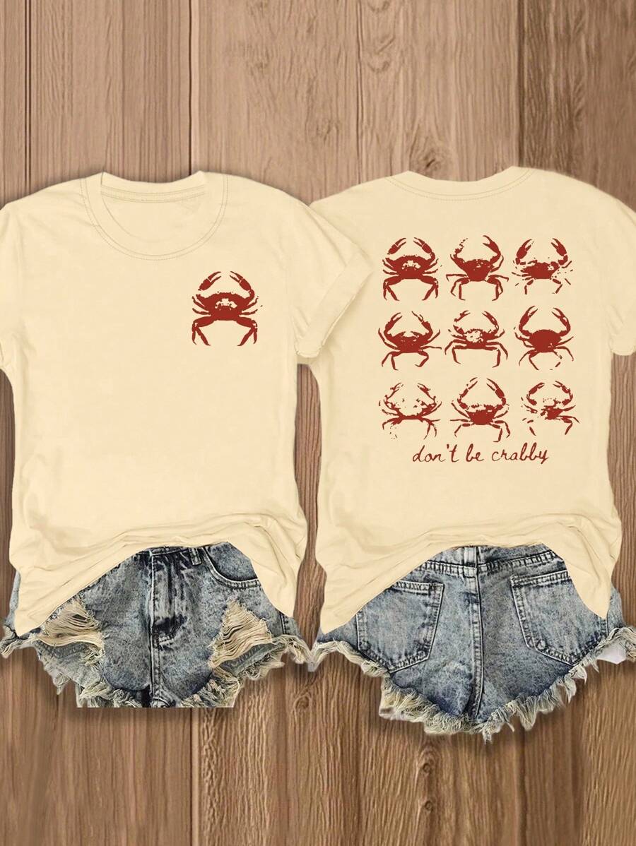 Áo thun in hình con cua hai mặt dành cho nữ, thiết kế chủ đề đại dương sống động với dòng chữ "Tôi sẽ biến thành con cua", áo thun cổ tròn tay ngắn giản dị - Màu Khaki - Xem 1