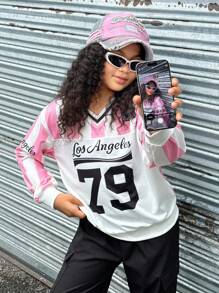 SHEIN Explorewe Streecool Tween Mädchen V-Ausschnitt rosa gestreifter Patchwork Langarm Sweatshirt mit Seitentasche und Cargohose 2-teiliges Set, modisch für Schule, Campusaktivitäten, Sport