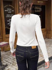 Jouncy Women's White Deep V-Neck Long Sleeve Cropped Casual Fitted Top Fall Cloth For Women - White - View 3