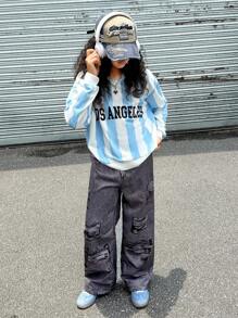 SHEIN Explorewe Streecool 儿童休闲校园风格青少年女孩秋冬舒适时尚运动别致字母和数字印花 V 领棒球夹克和宽松图案印花阔腿裤 2 件套