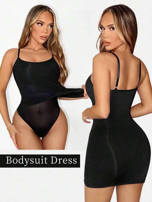 Sirith Bodycon Cami Dress With Built-In Jumpsuit,Seamless Knitted Strap Mini Dress,Women's Black Stretchy Slip Dress