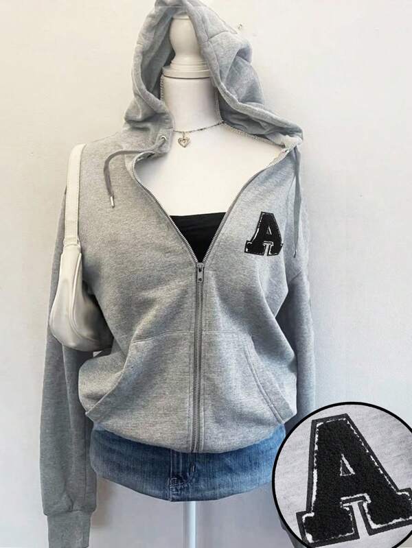 Attitoon Oversized Women's Casual Collegiate Style Zip-Up Hoodie With Embroidered Letter Graphic, Long Sleeve, Loose Fit, Grey Autumn And Winter