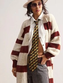Bohemela Boho Women's Beige Autumn 90s Retro Back-To-School Long Cardigan,Vintage Loose Striped Knit Sweater,Western Country Style School Concert Vacation - Khaki - View 8
