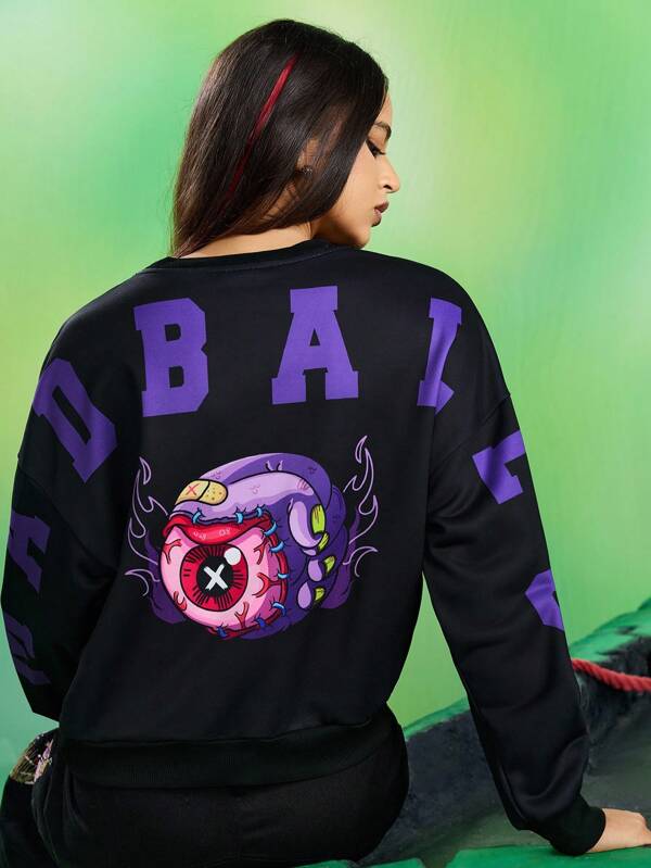 MADBALLS X SHEIN Women's Letter & Eyeball Graphic Crew Neck Long Sleeve Sweatshirt
