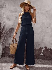 EMERY ROSE Women's Vacation Solid Color Pleated Waist Tassel Tie Pocket Wide Leg Loose Casual Jumpsuit Navy Blue Jumpsuit Women Halter Jumpsuits For Women Women Jumpsuits Summer Casual Jumpsuits For Women Summer Jumpsuits For Women - Blue - View 5