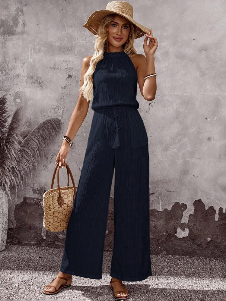 EMERY ROSE Damen Urlaubs Einfarben Plissee Taille Quaste Binden Taschen Weite Bein Locker Lässig Jumpsuit - Blau - Übersicht 5