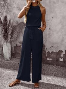 EMERY ROSE Women's Vacation Solid Color Pleated Waist Tassel Tie Pocket Wide Leg Loose Casual Jumpsuit Navy Blue Jumpsuit Women Halter Jumpsuits For Women Women Jumpsuits Summer Casual Jumpsuits For Women Summer Jumpsuits For Women - Blue - View 6