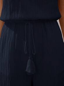 EMERY ROSE Women's Vacation Solid Color Pleated Waist Tassel Tie Pocket Wide Leg Loose Casual Jumpsuit Navy Blue Jumpsuit Women Halter Jumpsuits For Women Women Jumpsuits Summer Casual Jumpsuits For Women Summer Jumpsuits For Women - Blue - View 8