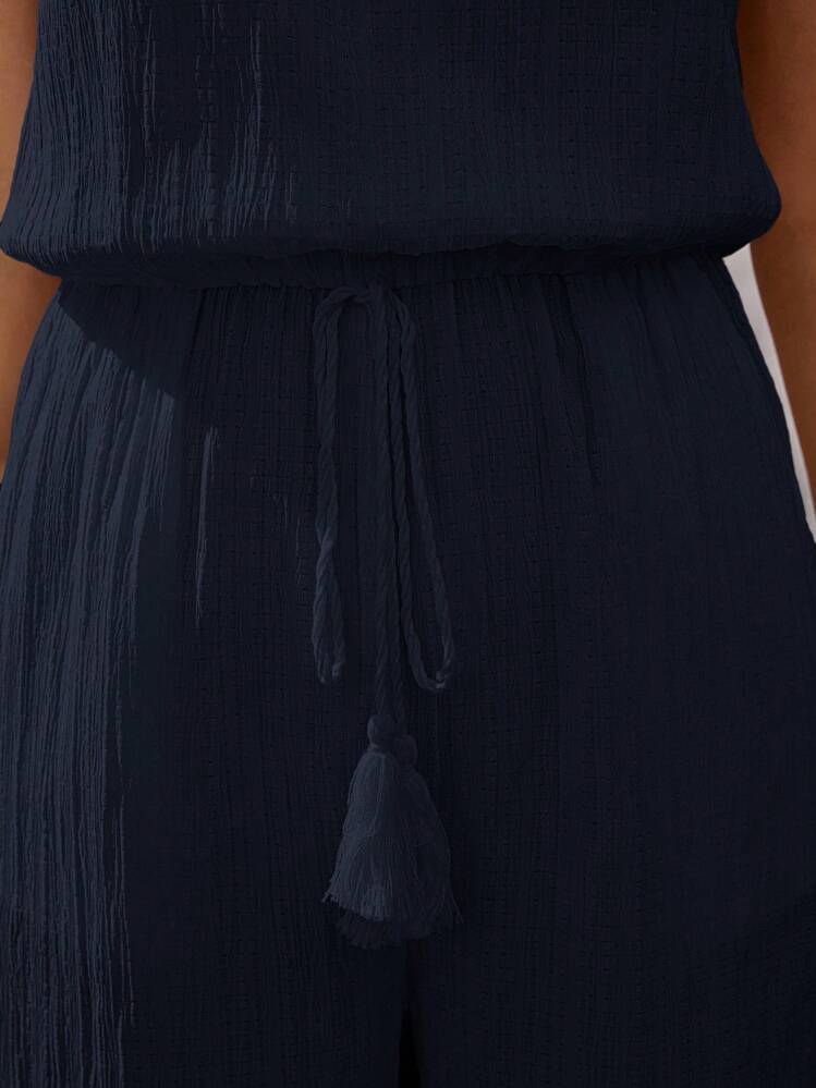 EMERY ROSE Damen Urlaubs Einfarben Plissee Taille Quaste Binden Taschen Weite Bein Locker Lässig Jumpsuit - Blau - Übersicht 8