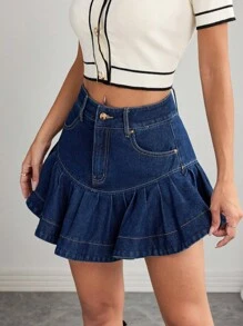 Elenzga 夏季休闲荷叶边牛仔短裤 - 深色水洗藍 - 查看 3