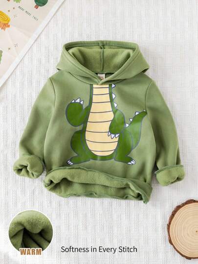 Cozy Pixies Young Boy Cartoon Dinosaur Pattern Knitted Soft Hooded Long Sleeve Pullover Sweatshirt,In Fall/Winter