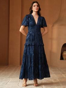 Anewsta 女装春夏音乐节波西米亚短袖蕾丝拼接蓝色优雅连衣裙 - 藏蓝色 - 查看 4