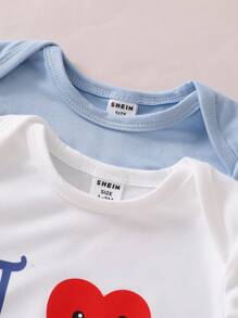 SHEIN 2件套新生儿简约条纹心形和英文字母印花长袖长腿连体衣家居服套装 - 藍白色 - 查看 4