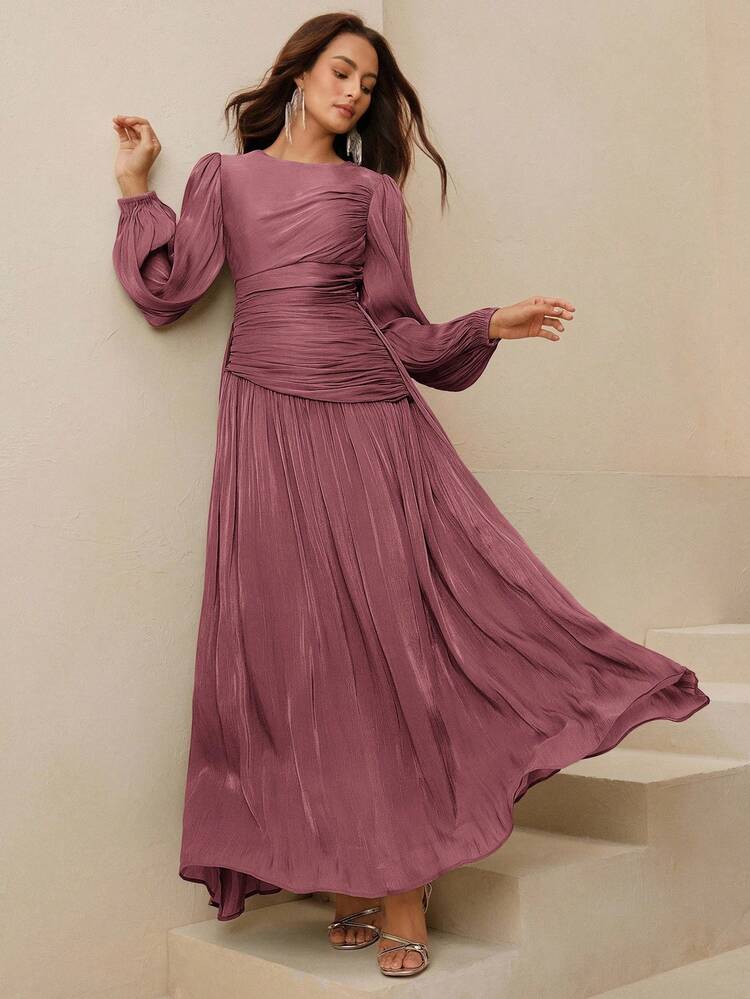 Anewsta Essential Vestido largo para mujer, cuello redondo, cintura fruncida, manga abullonada, manga larga, verde oliva, brillante, vestido elegante y versátil - Red Plum - Añade 6
