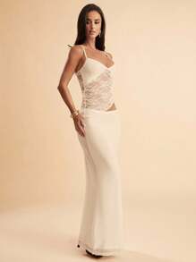 SHEIN BAE 夏季海滩度假纯黑色蕾丝性感透视吊带长裙，适合日常约会、夜间外出、夜总会、派对、聚会、鸡尾酒会、泳池派对、返校季服装、学校季连衣裙、节日连衣裙女士连衣裙 - 杏色 - 查看 6