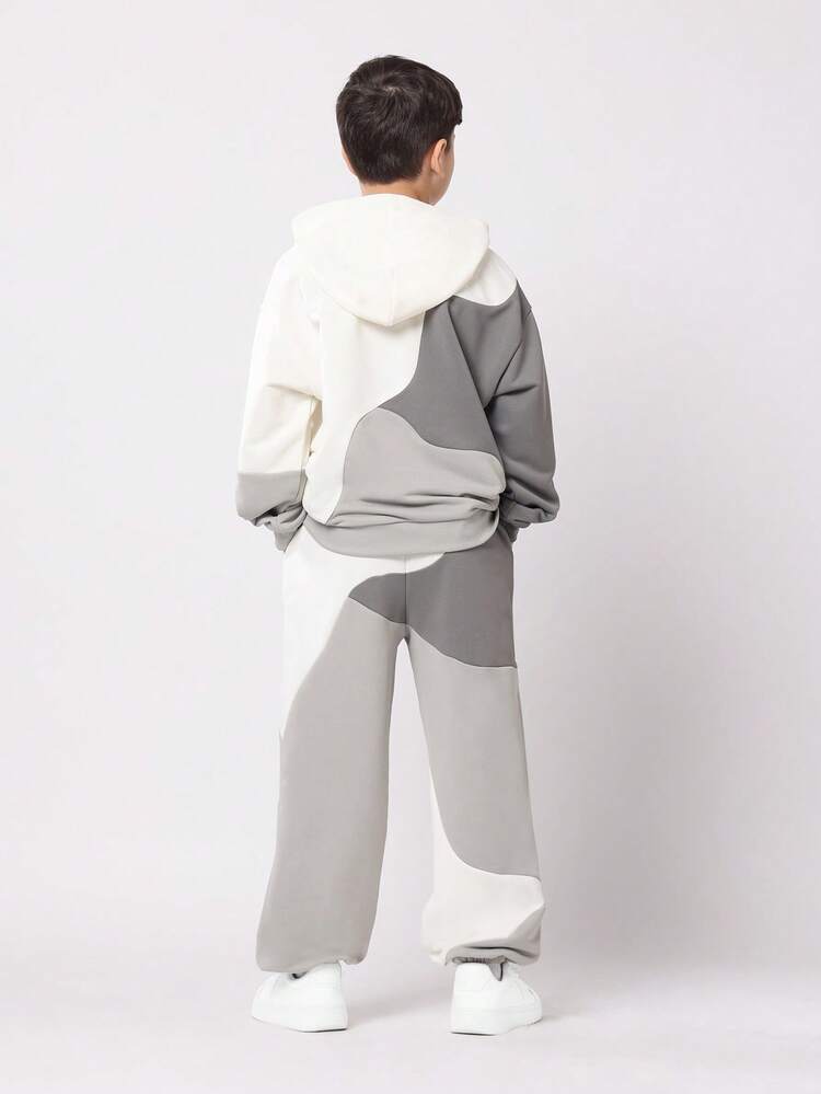 Color Block Hoodie And Sweatpants Set With Drawstring