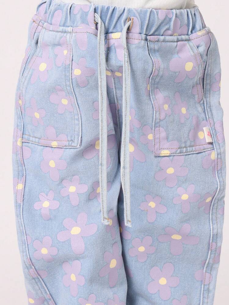 Floral Print Denim Cargo Pants With Elastic Ankles