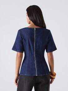 LYSMO 女士纯色圆领休闲短袖牛仔衬衫 - 藍色 - 查看 2