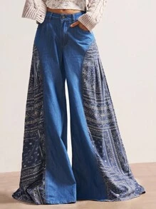 Bohemela 女式复古休闲度假拼布印花阔腿牛仔裤 - 藍色 - 查看 6