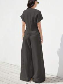 Aveloria Modichic Women's White Linen-Like Asymmetrical V-Neck Loose Textured Casual Vacation Versatile Wide Leg Pants 2 Pieces Set - Grey - View 2