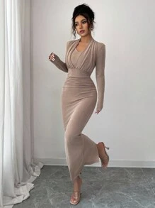 Elenzga 优雅浪漫V领褶皱中长连衣裙，适合度假和通勤 - 咖啡 - 查看 4