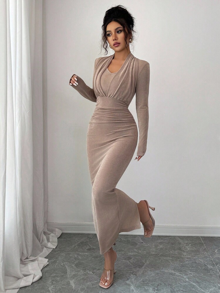 Elenzga Elegant Romantic V-Neck Pleated Midi Dress, Suitable For Vacation And Commute Fall Cloth For Women - Coffee - View 4