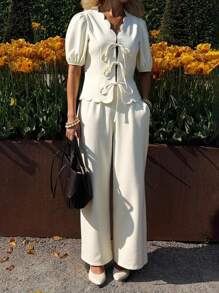 SHEIN LUNE 2pcs Women's Casual Shell Trim Tie Front Shirt And Pants Setvacation Outfits Womanbohoteacher Outfitsboho Women Clothinggoing Out Outfitsvacation Two Pieces Setgoing Outcasual Women Outfits Bohemian Clothes For Women - Apricot - View 3