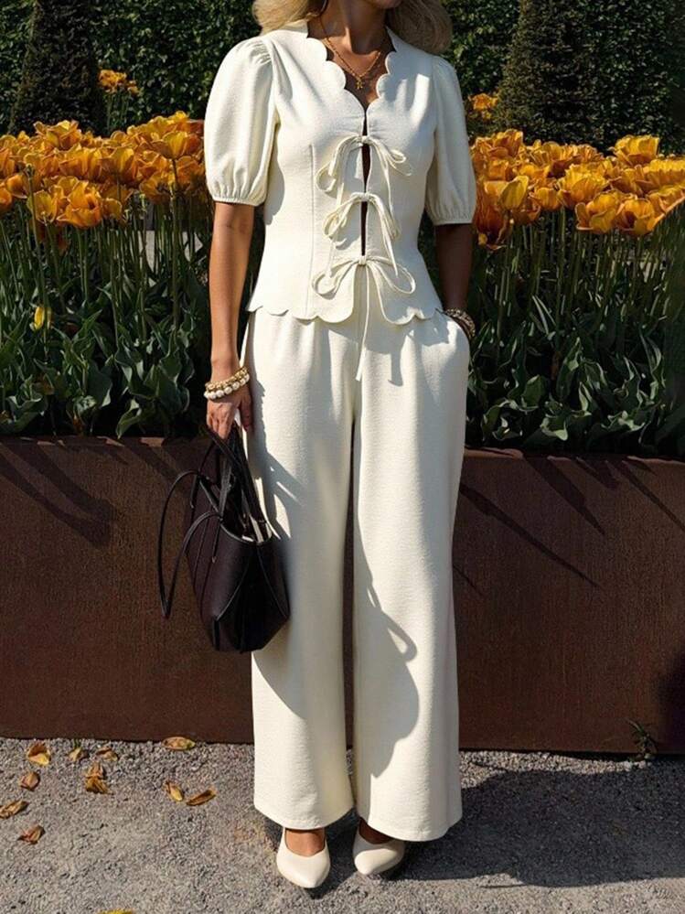 SHEIN LUNE 2pcs Women's Casual Shell Trim Tie Front Shirt And Pants Setvacation Outfits Womanbohoteacher Outfitsboho Women Clothinggoing Out Outfitsvacation Two Pieces Setgoing Outcasual Women Outfits Bohemian Clothes For Women - Apricot - View 3