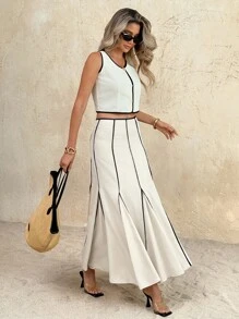 SHEIN Frenchy 女士优雅撞色滚边鱼尾下摆半身裙，秋季女士，返校，乡村音乐会，商务休闲女士，女士教师，女士约会之夜，女士生日，女士早午餐，西方女装，商务休闲女士 - 杏色 - 查看 9