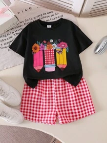 SHEIN 返校季铅笔画印花女童可爱时尚黑色短袖印花上衣搭配舒适格子短款T恤套装，春夏女童夏季服装，女童格子套装，女童方格套装，女童短袖套装，夏季女童服装 - 黑色 - 查看 3