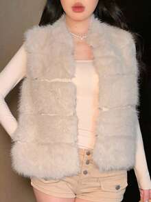 DAZY 女士优雅蓬松背心，秋冬季外套背心女式大衣 - 米色 - 查看 4