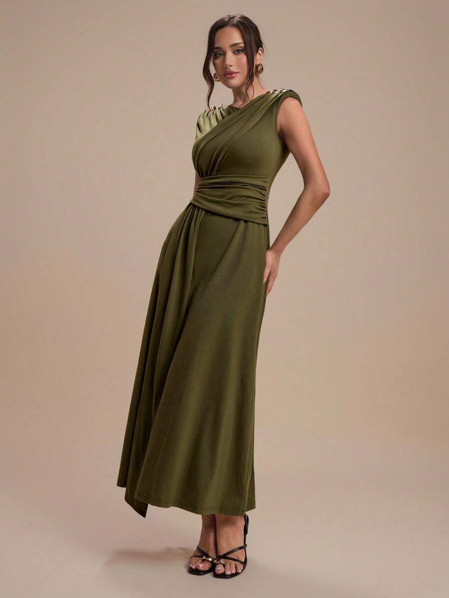 Modelyn 女士优雅纯色褶饰连衣裙，夏季 - 軍綠色 - 查看 1