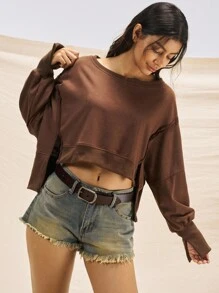 Easelle 女牛仔复古西部女式休闲宽松落肩纯色运动衫秋冬女装不对称下摆剪裁复古水洗 - 咖啡棕 - 查看 9