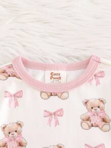 Cozy Pixies Conjunto de Pijama com 2 Peças, Top de Manga Longa Gola Careca e Legging de Cintura Elástica com Estampa de Urso Cartoon para Meninas Bebê