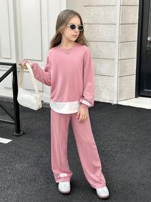 青春期女孩粉色、旅行、春夏、假期、返校节、休闲针织拼布、编织标记、圆领长袖上衣和裤子套装、返校毕业服装 - 粉色 - 查看 6