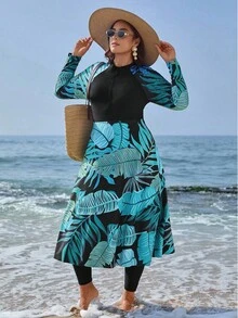 Swim Mulvari 2 件大码女式随机印花拼接长款躯干端庄布基尼泳衣套装