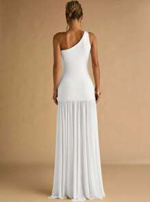 SHEIN BAE 女士杏色不对称肩部金属扣装饰紧身连衣裙，透明下摆，优雅 - 白色 - 查看 2