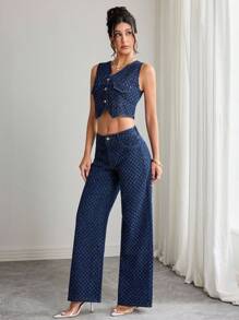 Elenzga Conjunto de chaleco y pantalones de mezclilla de moda para mujer, para verano - Azul lavado oscuro - Ver 4