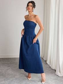 Elenzga Váy denim không tay, không dây màu trơn dành cho nữ - Màu xanh lam - Xem 5