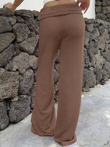 SHEIN EZwear Women's Solid Color Vacation Style Knit Wide Leg Pants - Coffee Brown - View 2