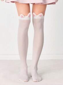 ROMWE Kawaii 1双纯白色过膝袜+1双可爱猫耳发夹，猫耳性感白色纯色女学生及膝袜，高品质猫耳发夹，超薄弹力透视紧身裤 - 彩色 - 查看 4