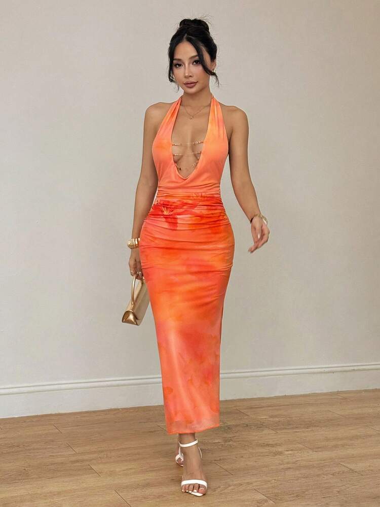 SHEIN PETITE 浪漫约会春夏季假期深 V 领露背性感链条装饰修身长裙女式 - 橘色 - 查看 5