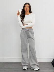 SHEIN Tall Comfortable And Casual Plain Knitted Low Waist Wide Leg Women's Sports Pants With Fleece For Warmth In Autumn And Winter Fall And Winter Wide Leg Sweatpants Flare Sweatpants Winter Sweatpants Women Grey Sweatpants Women