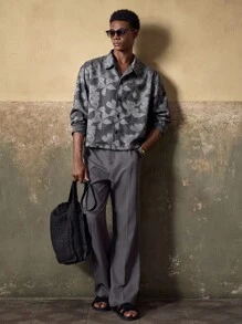 AKNOTIC Men's Gray-Blue Floral Jacquard Casual Loose Fit Long Sleeve Lapel Jacket, Suitable For Summer, Autumn, Vacation, Daily Matching, Party, Couple, Men's Gift