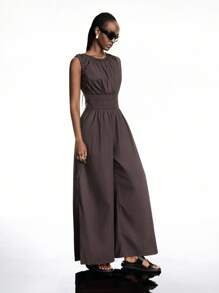 LYSMO 女式休闲纯色无袖收腰连体裤 - 棕色 - 查看 1