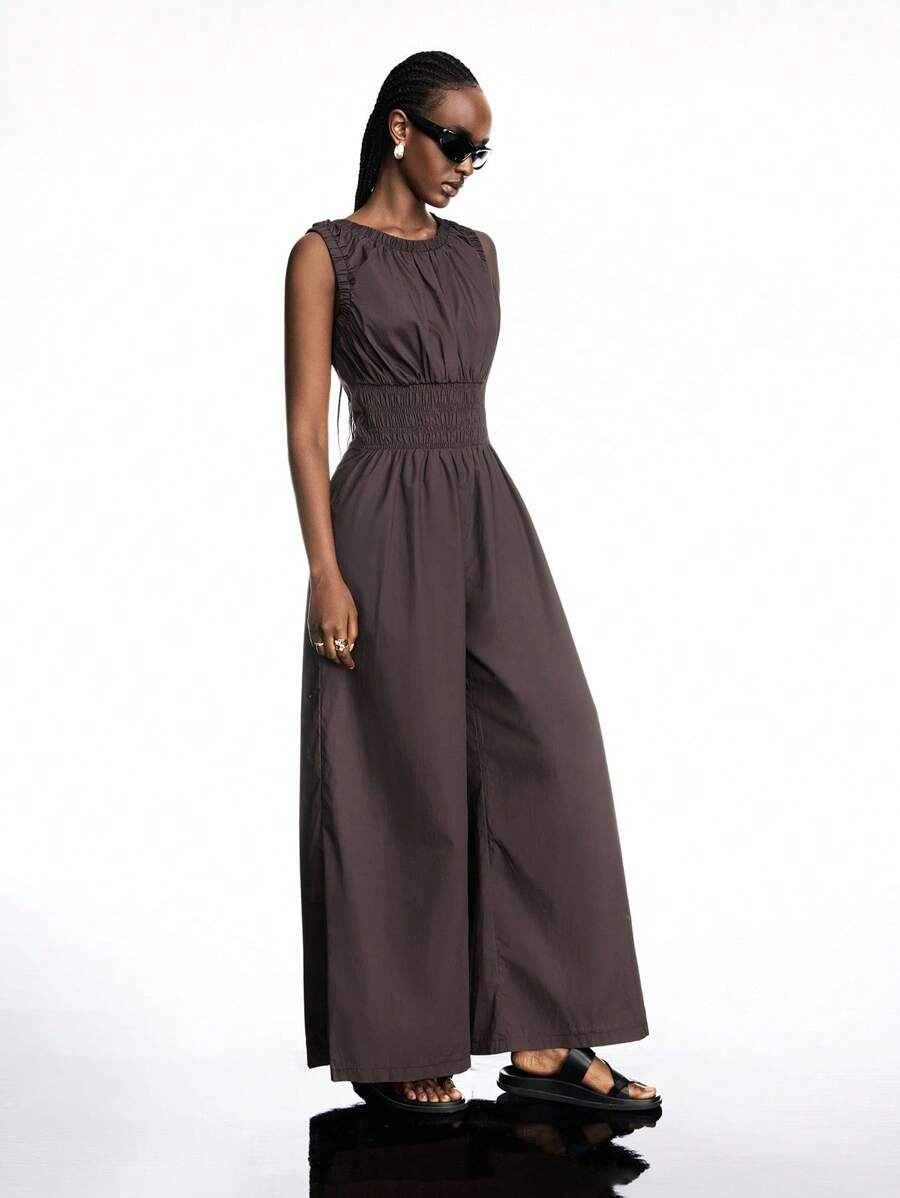 LYSMO 女式休闲纯色无袖收腰连体裤 - 棕色 - 查看 1