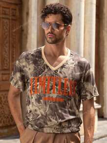 Manfinity VCAY Men's Casual Letter Print Loose Fit Drop Shoulder V-Neck Short Sleeve T-Shirt, Suitable For Daily Wear Camo Graphic Tee Camo Jersey Shirt Men Oversized Crop Printed Graphic Tee Oversized Graphic Tee - Multicolor - View 1