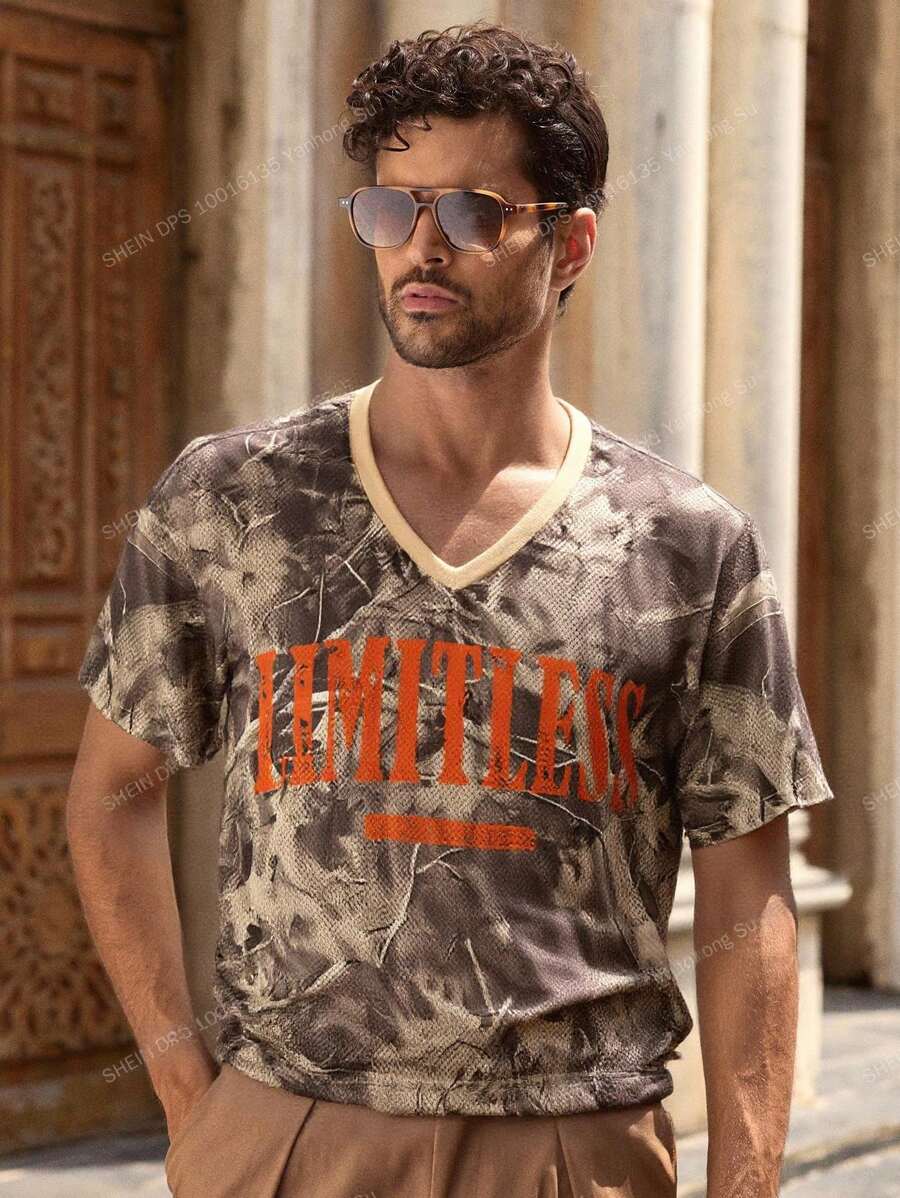 Manfinity VCAY Men's Casual Letter Print Loose Fit Drop Shoulder V-Neck Short Sleeve T-Shirt, Suitable For Daily Wear Camo Graphic Tee Camo Jersey Shirt Men Oversized Crop Printed Graphic Tee Oversized Graphic Tee - Multicolor - View 1