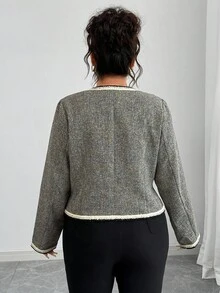 SHEIN Elenzya 大码女式黑白花卉拼布圆领仿口袋长袖常规夹克 - 彩色 - 查看 2