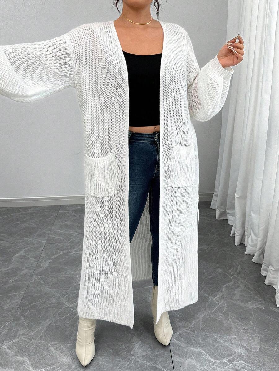 Elenzga 大码女式灯笼袖针织开衫，休闲中长款宽松开襟针织毛衣，秋冬时尚 - 米色 - 查看 1